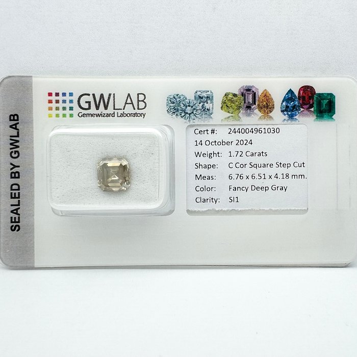 Ingen mindstepris - 1 pcs Diamant  (Naturfarvet)  - 1.72 ct - Firkantet med slebne hjørner - Fancy deep Grå - SI1 - Gemewizard Gemological Laboratory (GWLab)