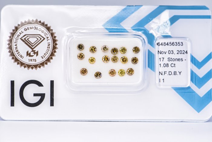 Ingen mindstepris - 17 pcs Diamant  (Naturfarvet)  - 1.08 ct - Rund - Fancy deep Brunlig Gul - I1 - International Gemological Institute (IGI)