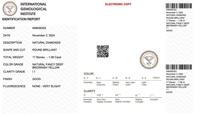 Ingen mindstepris - 17 pcs Diamant  (Naturfarvet)  - 1.08 ct - Rund - Fancy deep Brunlig Gul - I1 - International Gemological Institute (IGI)