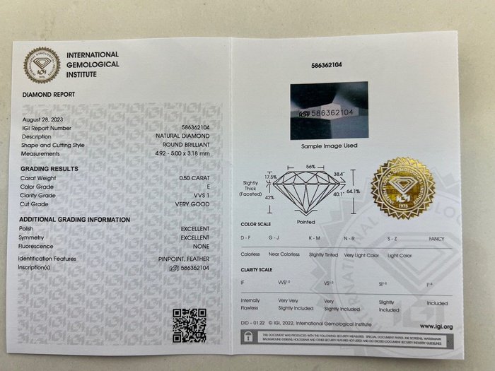 1 pcs Diamant  (Natur)  - 0.50 ct - Rund - E - VVS1 - International Gemological Institute (IGI)