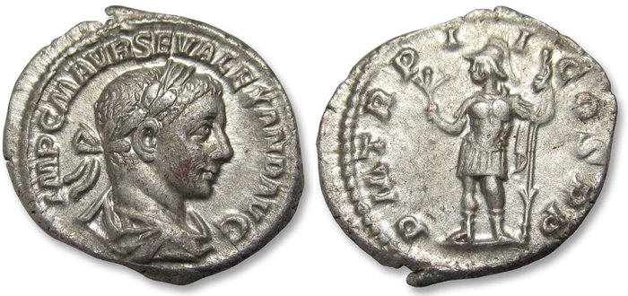 Romarriket. Severus Alexander (AD 222-235). Denarius Rome mint circa 223 A.D. - P M TR P II COS P P, Mars standing to left -