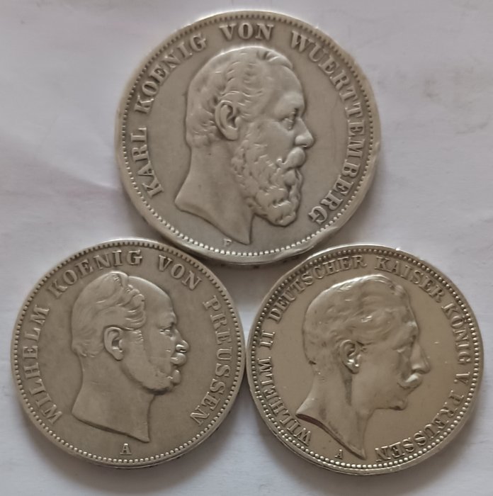 Tyskland. KARL KOENING VON WUERTTEMBERG 1876 F , WILHELM KOENING VON PREUSSEN 1861 A , WILHELM II KOENING. Fünf Mark , XXX Ein , Drei Mark  (Ingen mindstepris)