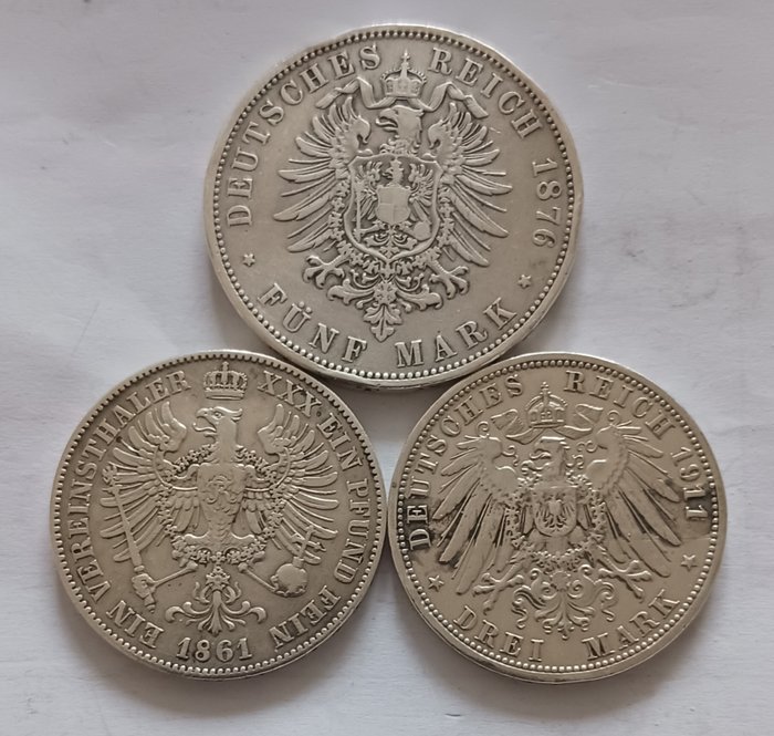 Tyskland. KARL KOENING VON WUERTTEMBERG 1876 F , WILHELM KOENING VON PREUSSEN 1861 A , WILHELM II KOENING. Fünf Mark , XXX Ein , Drei Mark  (Ingen mindstepris)