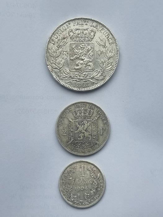 Belgien. 1, 2, en 5 Francs 1866, 1868, 1904 (3 setuks)  (Ingen mindstepris)