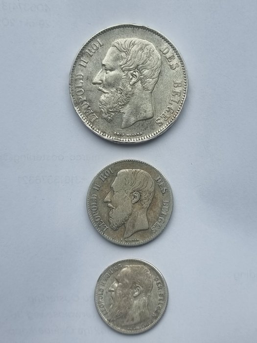 Belgien. 1, 2, en 5 Francs 1866, 1868, 1904 (3 setuks)  (Ingen mindstepris)