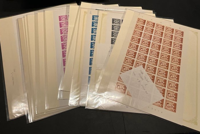 Belgien 1959/1966 - Kong Baudouin - Marchand type - Samling KOMPLETTE ARK - o.a. Papiersoorten en Plaatnummers