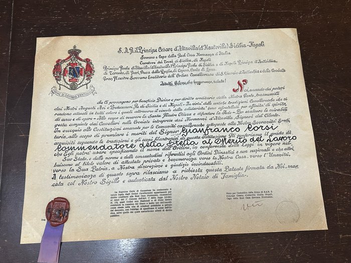 Italien - Medalje - Diploma da commendatore della stella dell’ordine San Giorgio D’Antiochia