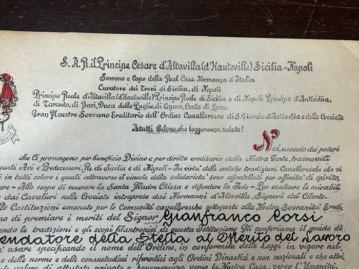 Italien - Medalje - Diploma da commendatore della stella dell’ordine San Giorgio D’Antiochia