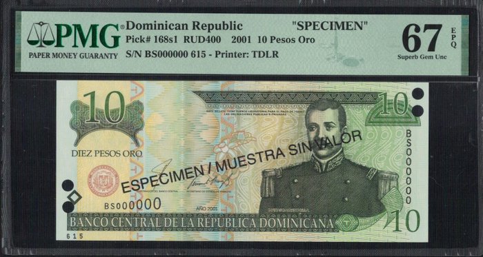 Domikanske Republik. - 10 Pesos 2001 SPECIMEN - Pick 168s1  (Ingen mindstepris)