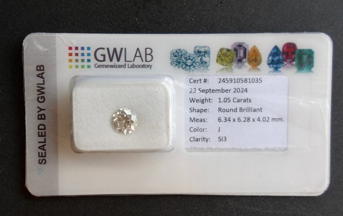 Ingen mindstepris - 1 pcs Diamant  (Natur)  - 1.05 ct - Rund - J - SI3 - Gemewizard Gemological Laboratory (GWLab)