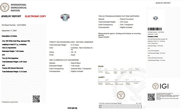 Ring - 18 kraat Hvidguld -  7.79ct. tw. Akvamarin - Safir