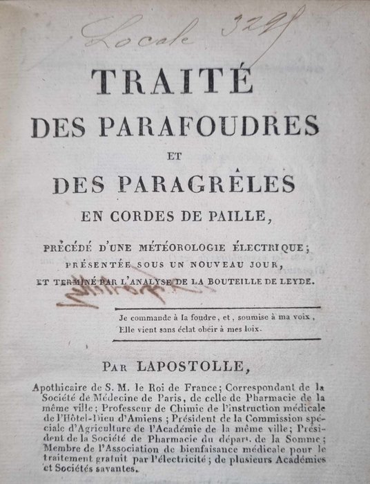 LAPOSTOLLE (Alexandre) - Traité des parafoudres et des paragrêles en corde de paille, précédé d'une météorologie électrique, - 1820