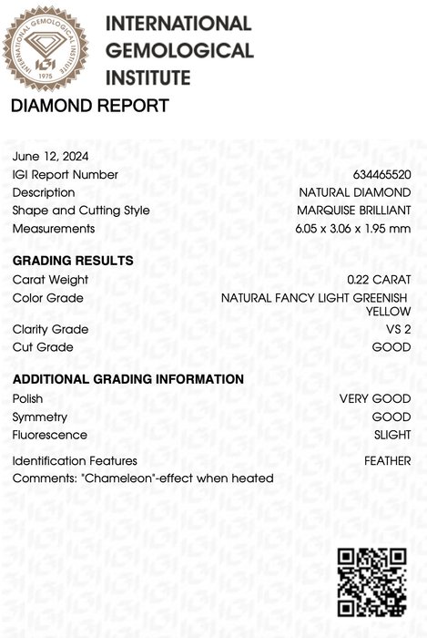 1 pcs Diamant  (Naturfarvet)  - 0.22 ct - Marquise - Fancy light Grønlig Gul - VS2 - International Gemological Institute (IGI) - Kamæleon