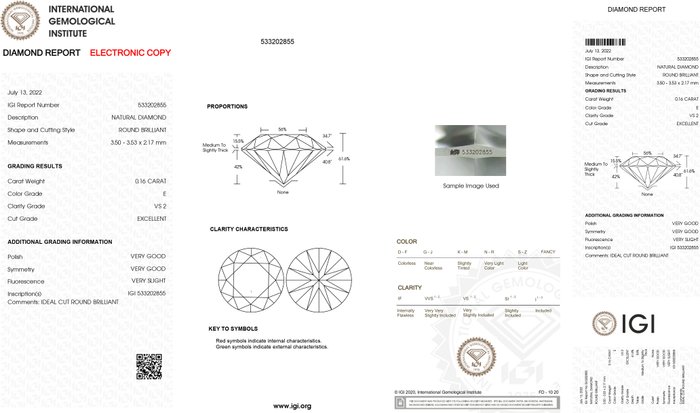 1 pcs Diamant  (Natur)  - 016 ct - Rund - E - VS2 - International Gemological Institute (IGI)