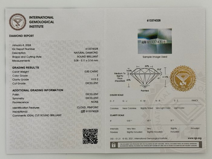 1 pcs Diamant  (Natur)  - 0.50 ct - Rund - E - VVS2 - International Gemological Institute (IGI) - *3EX* *INGEN* *IDEAL*