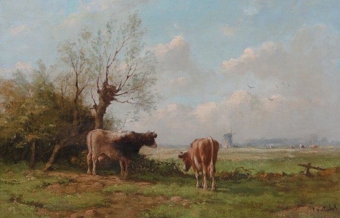 Cornelis Westerbeek (1844-1903) - Landschap met Koeien en Molen