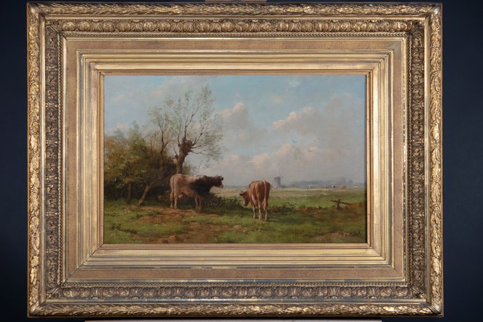 Cornelis Westerbeek (1844-1903) - Landschap met Koeien en Molen