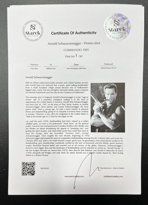 Commando (1985) - Arnold Schwarzenegger - Promo shot - Fine Art Photography - Luxury Wooden Framed 70X50 cm - Limited Edition Nr 01 of 30 - Serial ID 30335 - Original Certificate (COA), Hologram Logo Editor and QR Code - 100% New items.