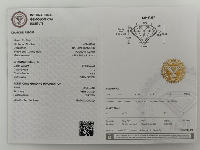 1 pcs Diamant  (Natur)  - 050 ct - Rund - E - VS1 - International Gemological Institute (IGI)