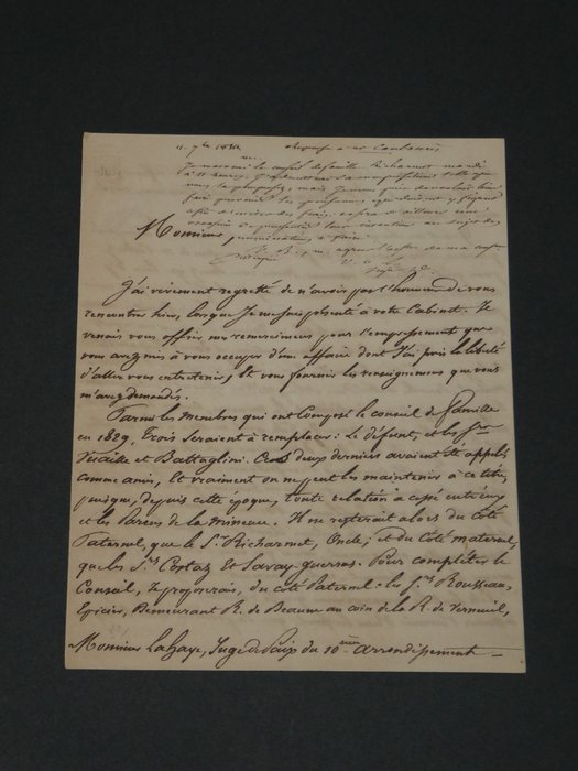 Marie Jean Pierre Hubert de Cambacérès - Longue lettre autographe signée de 3 pages - Conseil de Famille - 1834