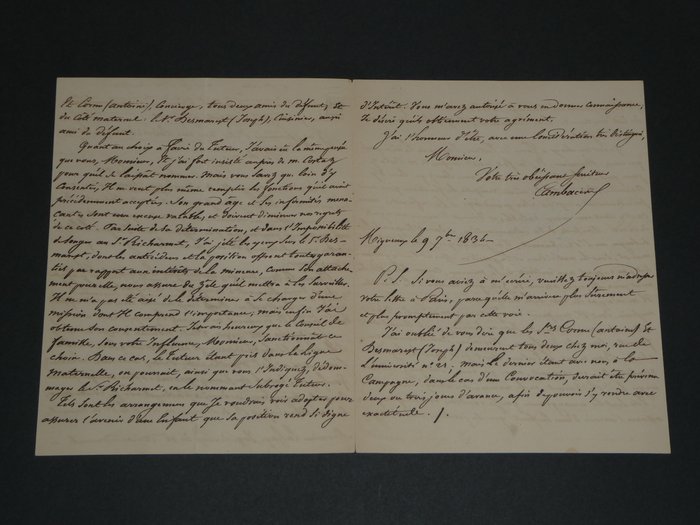 Marie Jean Pierre Hubert de Cambacérès - Longue lettre autographe signée de 3 pages - Conseil de Famille - 1834