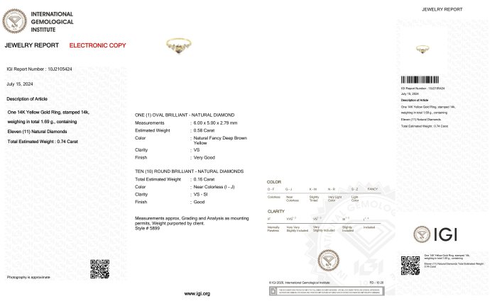 Ring - 14 karat Gulguld -  0.74ct. tw. Diamant (Naturfarvet) - Diamant