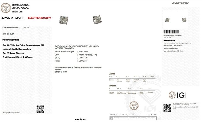 Øreringe - 18 kraat Hvidguld -  2.00ct. tw. Diamant (Natur) - Ideel skåret diamant