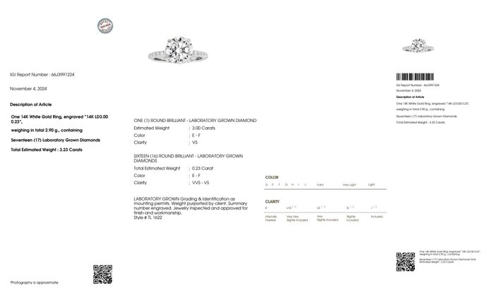 Ingen mindstepris - Ring - 14 karat Hvidguld -  3.23ct. tw. Diamant (Laboratoriedyrket) - Diamant - IGI E VS1