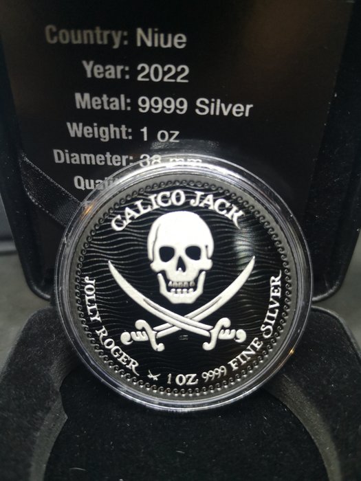 Niue. 2 Dollars 2022 Calico Jack - Jolly Roger Series - Black Platinum, 1 Oz (.999)