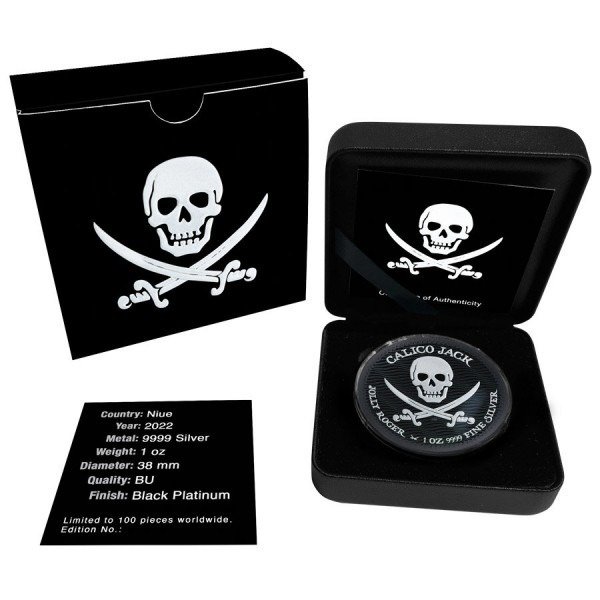 Niue. 2 Dollars 2022 Calico Jack - Jolly Roger Series - Black Platinum, 1 Oz (.999)