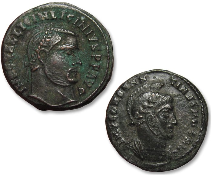 Romarriket Constantine I  Licinius I Follis Group of 2x folles: Alexandria mint (mintmark ALE) + Ticinum (mintmark TT)