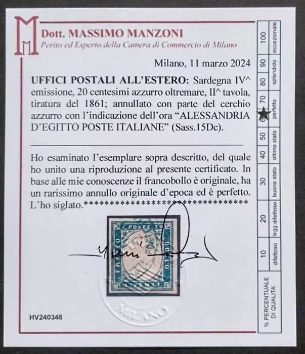 Antikke Italienske Stater - Sardinien 1861 - Gamle stater på Sardinien c.20 Annullo Alexandria af Egypten R2. - SASSONE 15Dc