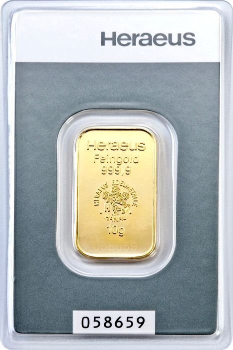 10 gram - Guld 999 - Heraeus, Germany - Forseglet  Med certifikat