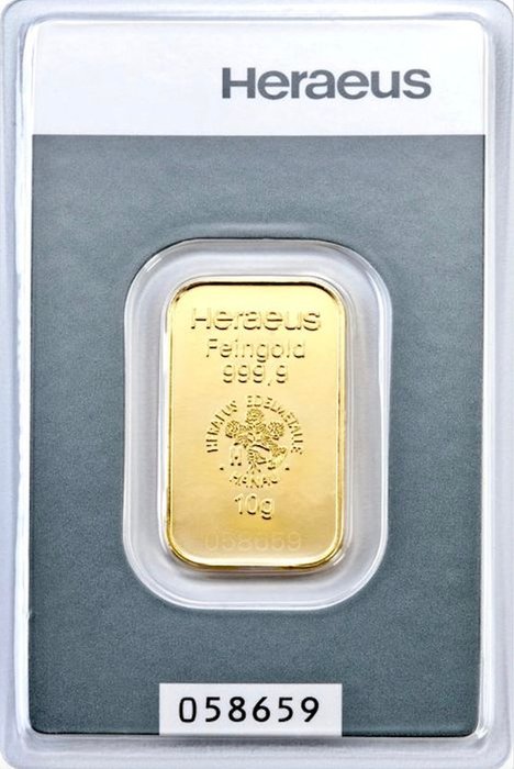 10 gram - Guld 999 - Heraeus, Germany - Forseglet  Med certifikat