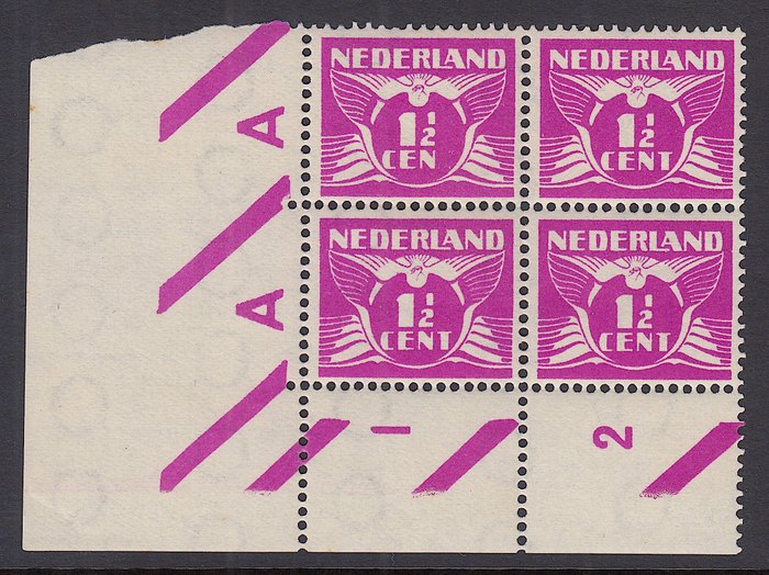 Holland 1928 - Flyvende due med pladefejl CEN i stedet for CENT i hjørneblok - NVPH 171Af