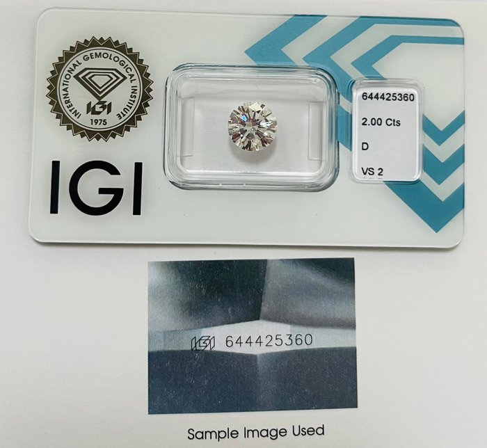 1 pcs Diamant  (Natur)  - 2.00 ct - Rund - D (farveløs) - VS2 - International Gemological Institute (IGI) - *3EX* Ingen*