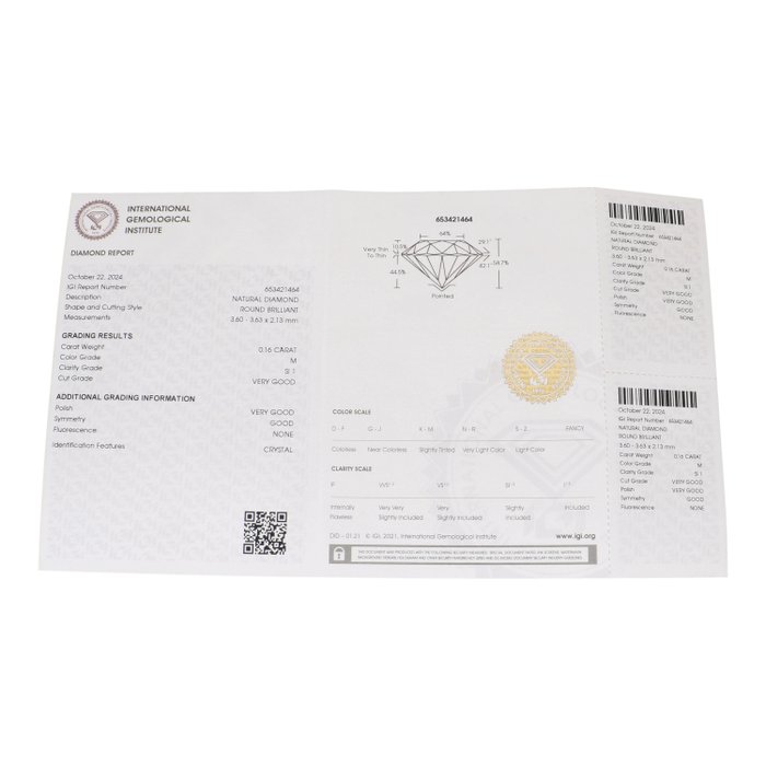 Ingen mindstepris - 1 pcs Diamant  (Natur)  - 0.16 ct - Rund - M - SI1 - International Gemological Institute (IGI)