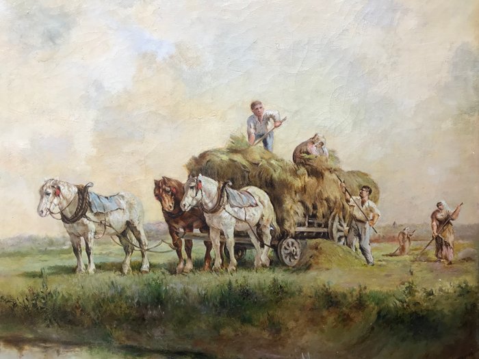 Gert Haverman (XX) - Hooien in een Polderlandschap met Paarden.