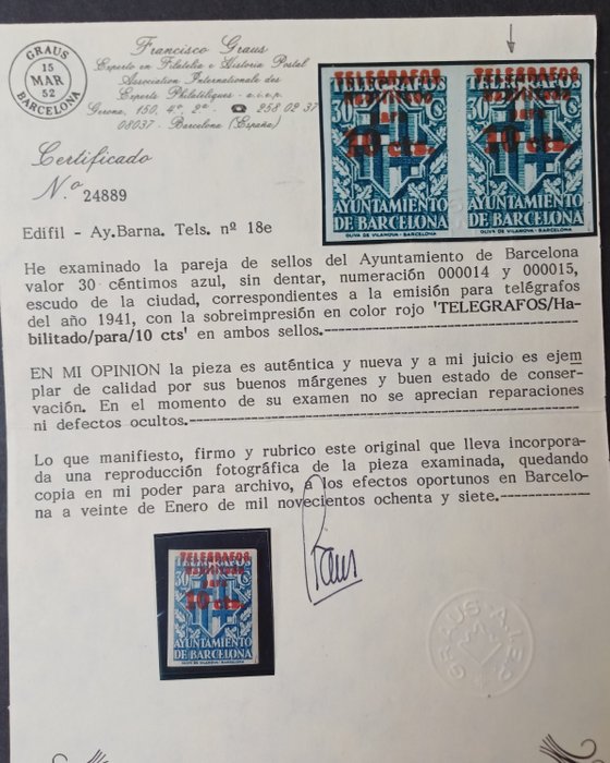 Spanien 1942 - Barcelona Telegrafer Farveændring i overbelastning Graus certifikat - Edifil 18hccs