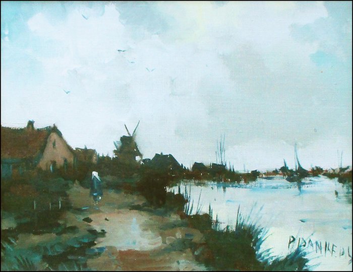 Hollandse School; P. Dankers (XX) - Landschap met windmolen