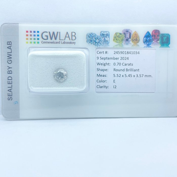 Ingen mindstepris - 1 pcs Diamant  (Natur)  - 070 ct - Rund - E - I2 - Gemewizard Gemological Laboratory (GWLab)