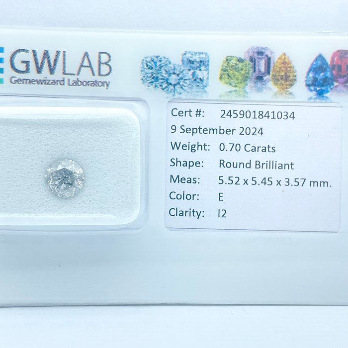 Ingen mindstepris - 1 pcs Diamant  (Natur)  - 070 ct - Rund - E - I2 - Gemewizard Gemological Laboratory (GWLab)