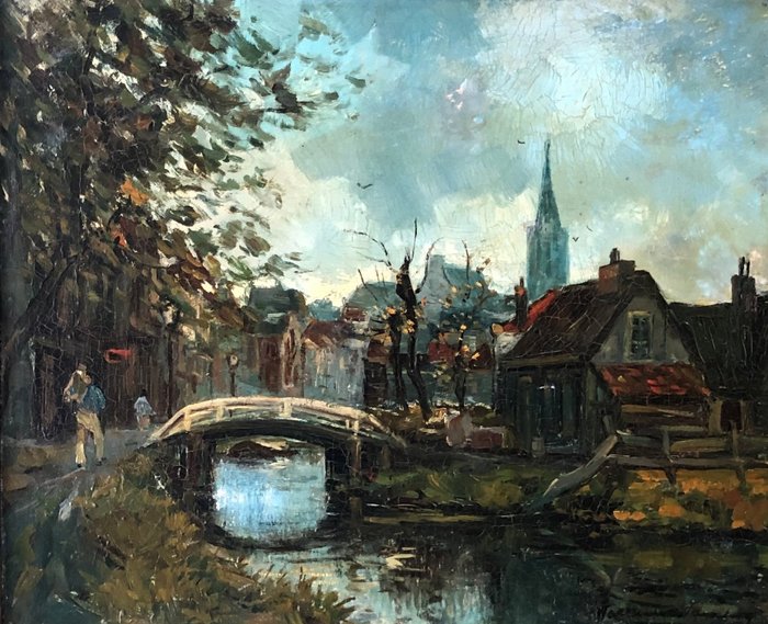 Hollandse School(XX) Martin van Waning (1889-1972), Circle of - Stadsgezicht met brug en figuren