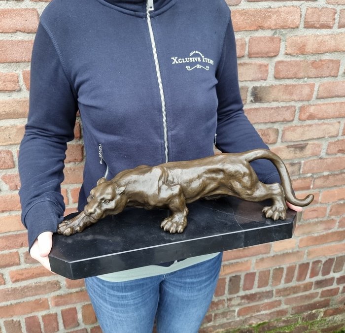 Statue, XL Bronze Panther on Marble Base - 13.5 cm - Bronze, Marmor