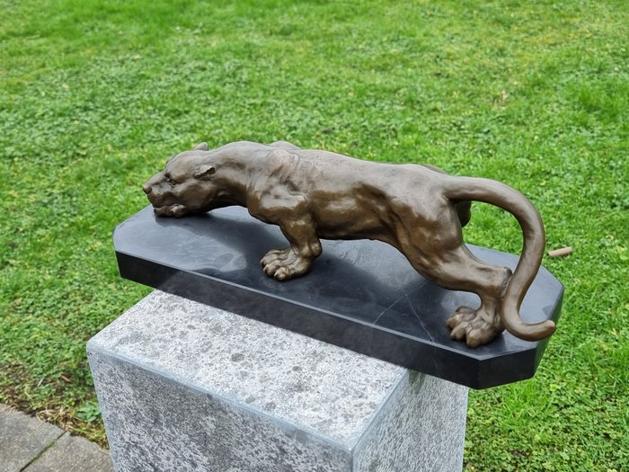 Statue, XL Bronze Panther on Marble Base - 13.5 cm - Bronze, Marmor