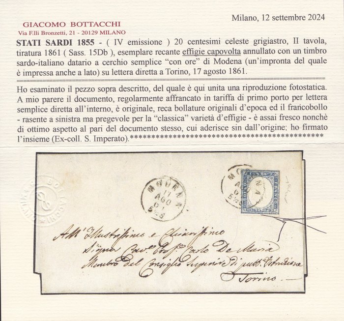 Antikke Italienske Stater - Sardinien 1855 - 20 cent grålig lyseblå med omvendt afbildning på bogstav - Sassone 15Db