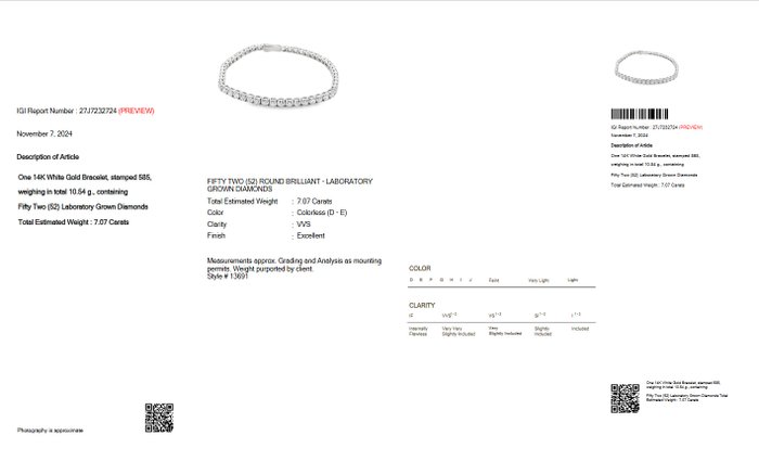 Tennisarmbånd - 14 karat Hvidguld -  7.07ct. tw. Diamant (Laboratoriedyrket) - D-E VVS IGI CERTIFICERT!