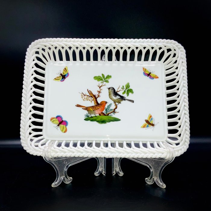 Herend - Exquisite Large Rectangular Reticulated Vide-Poche (22 cm) - "Rothschild Bird" - Kurv - Håndmalet porcelæn