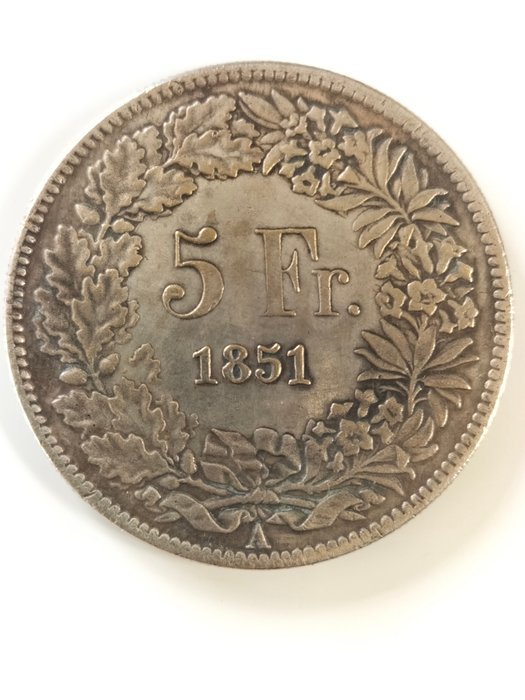 Schweiz. 5 Francs 1851.  (Ingen mindstepris)