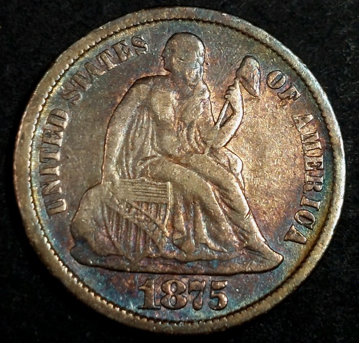 Förenta staterna Liberty Seated Dime 1875-CC Mintmark Above Bow  (Ingen mindstepris)